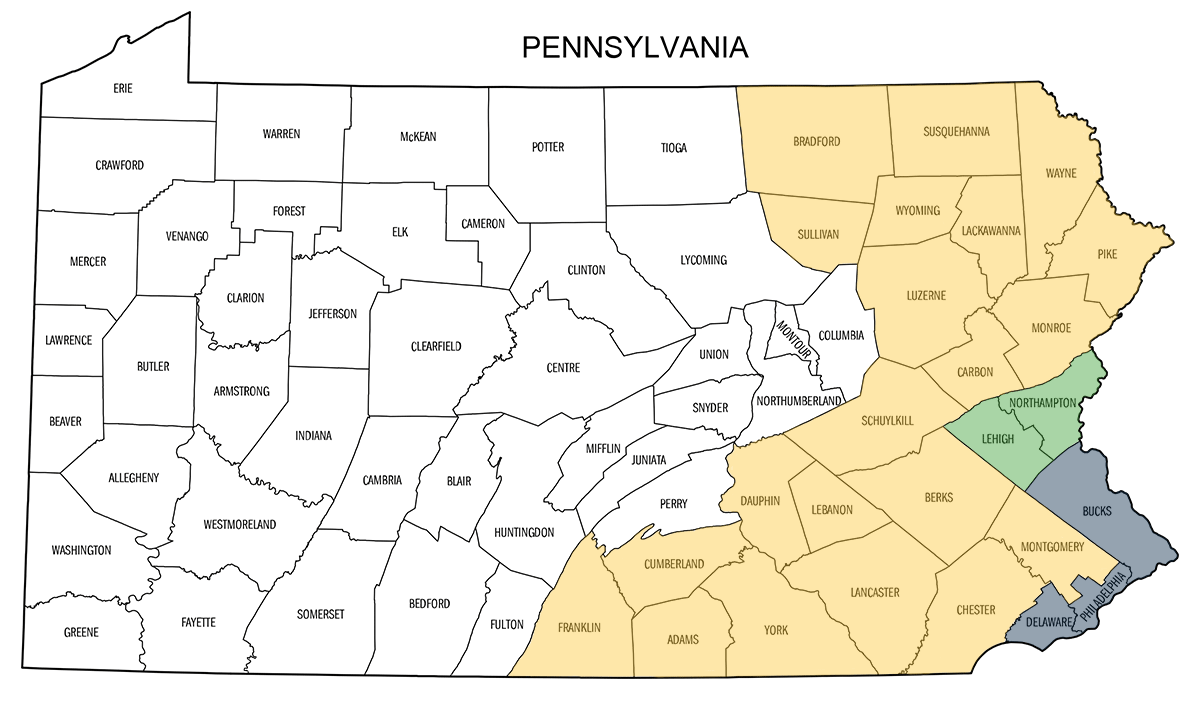 PA county map highlighting surveyed counties